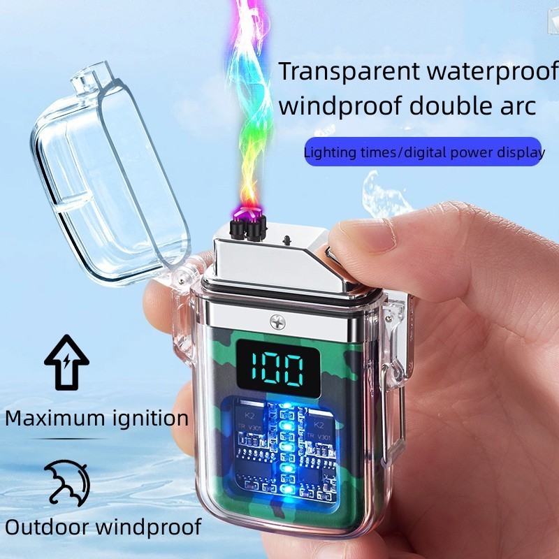 Transparent Shell Waterproof Windproof Electronic Pulse Lighter Digital Display Usb Type-C Charging Lighter For Cigarette