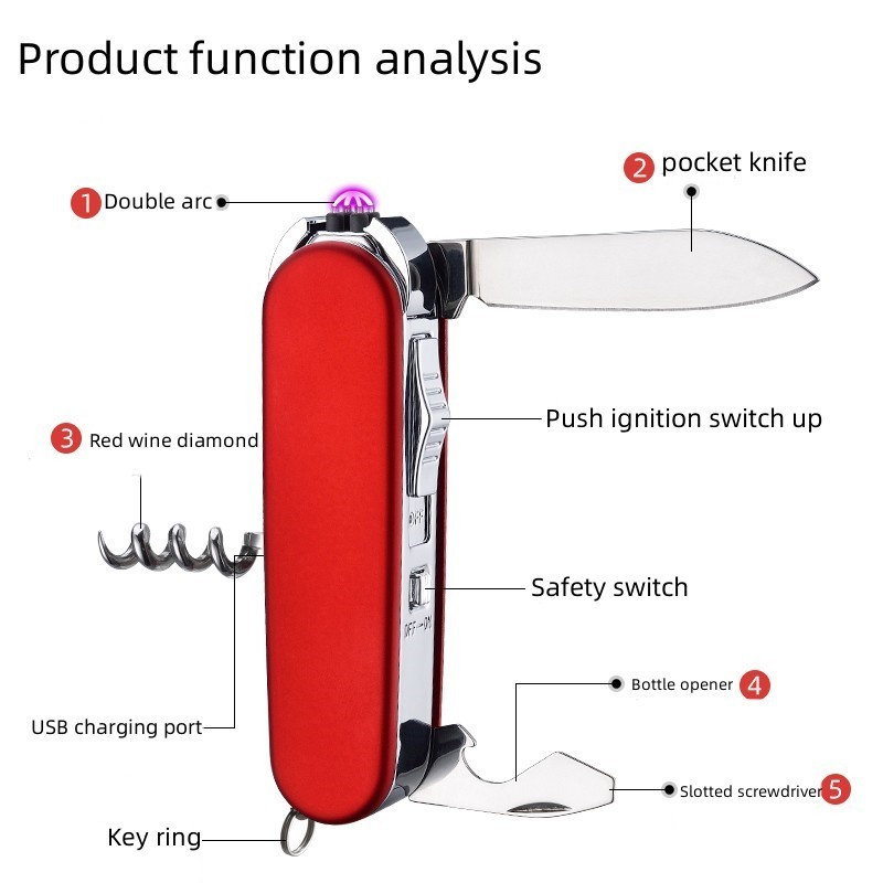 Outdoor Electric Arc Lighter USB Rechargeable Refillable Ligniter Creative Multi-Function Ligniter Knife Wine Opener Kitchen BBQ