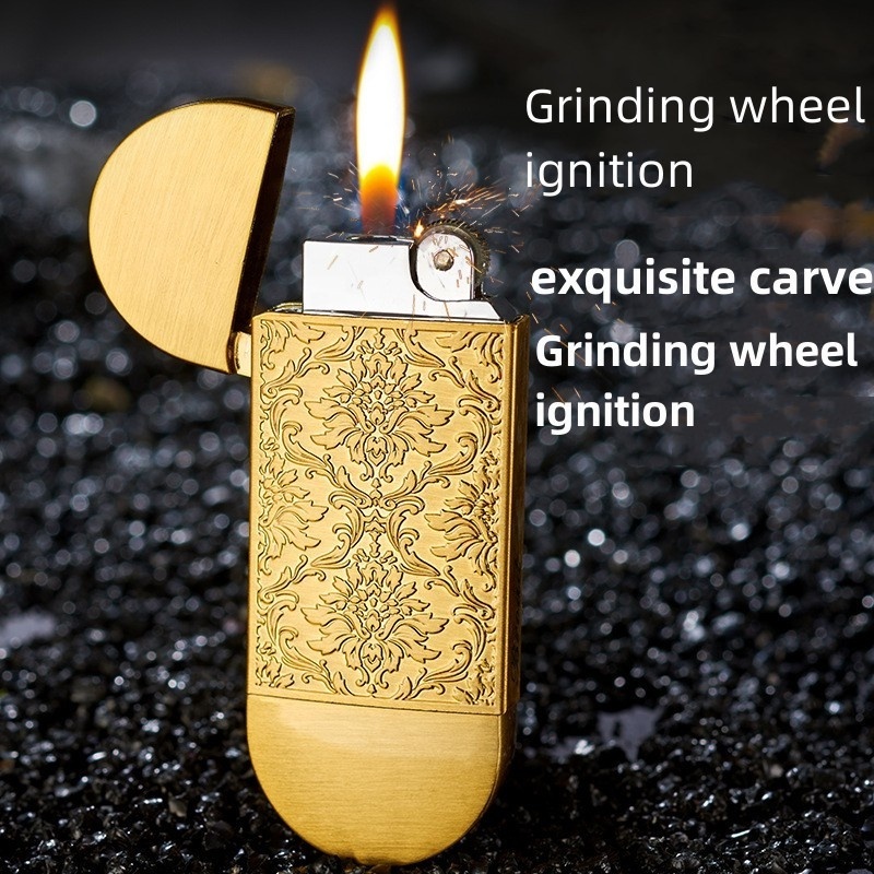 Vintage exquisite Carving Grinding Wheel Open Flame Lighter Thin body Can Be Replaced With Flint Gas Lighter Gift