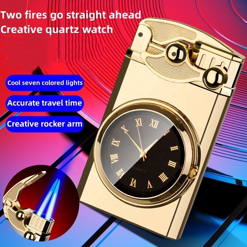 Wholesale Function Dual-Use Lighter With Quartz Watch Metal Lighter Double Fire Lighter Blue Flame Cigarette Lighter