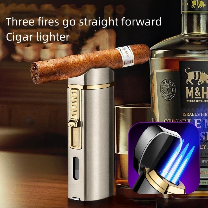 Customized Windproof three straight flush lighter visible air bin large fire moxibustion lighter refillable lighter for cigars