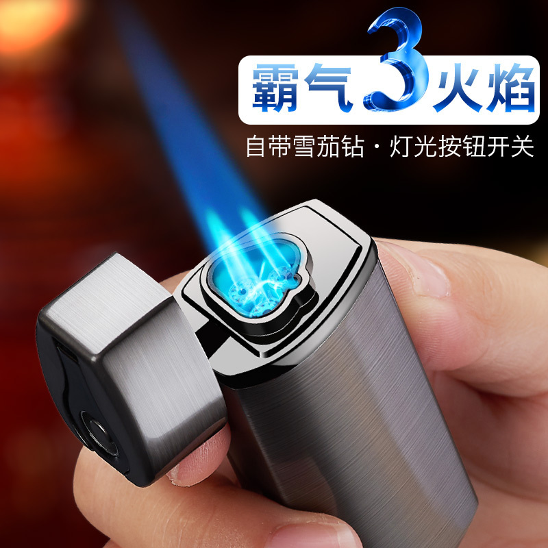 Three Straight Punch With Cigar Punch Button Windproof Lighter Custom Selected Alloy Plating Process Blue Flame Cigar Lighter