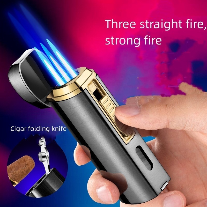 Customized Windproof three straight flush lighter visible air bin large fire moxibustion lighter refillable lighter for cigars