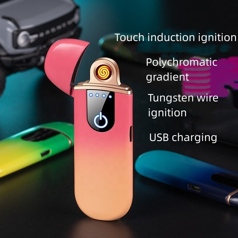 Ultra-Thin Electric Lighter,Tungsten Turbo Lighter Rechargeable USB Touch Switch Windproof Lighter with LED Battery Indicator