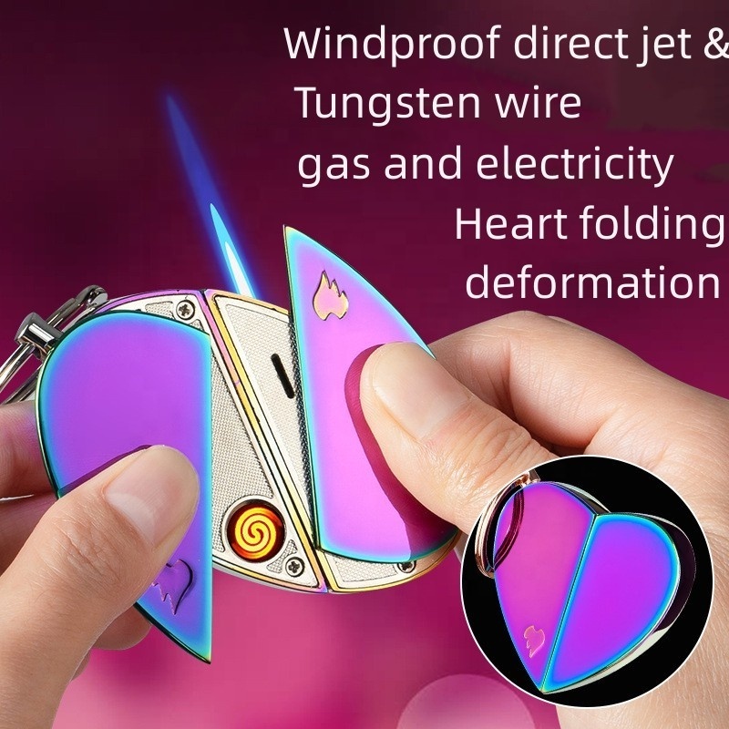 Double Heart Folding Lighter Change Shape Freely Keychain Gas Electric Lighter Double Flame Rotating Folding Lighters