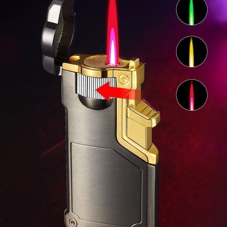 Creative Three Color Flame Big Gear Regulating Windproof Lighter Metal Gas Torch Lighter Inflatable Lighter For Smoking