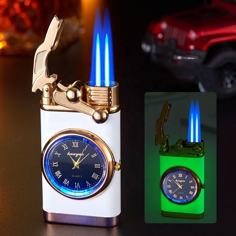 Wholesale Rocker Arm Double Fire Direct Jet Lighter With Fashion Dial Trend Personality Watch Inflatable Lighter