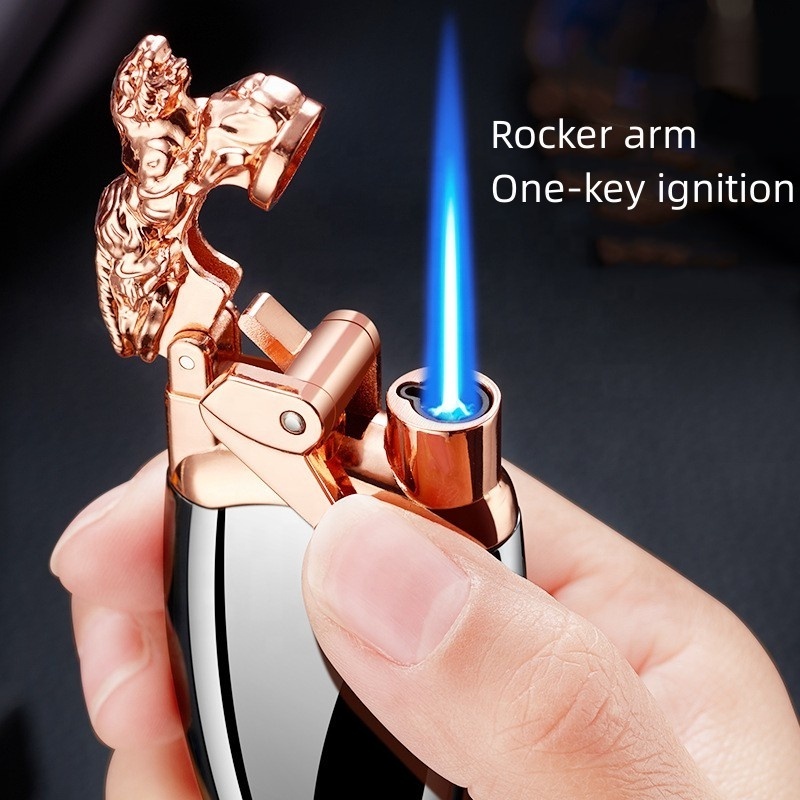 Customize Creative Tiger Rocker Arm Lighter Direct Punching Single Fire Lighter Windproof Blue Flame Luminous Lighter