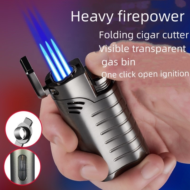 Wholesale New Three Straight Jet Flame Gas Lighter With Folding Metal Torch Lighter Cigar Lighter And Cutter