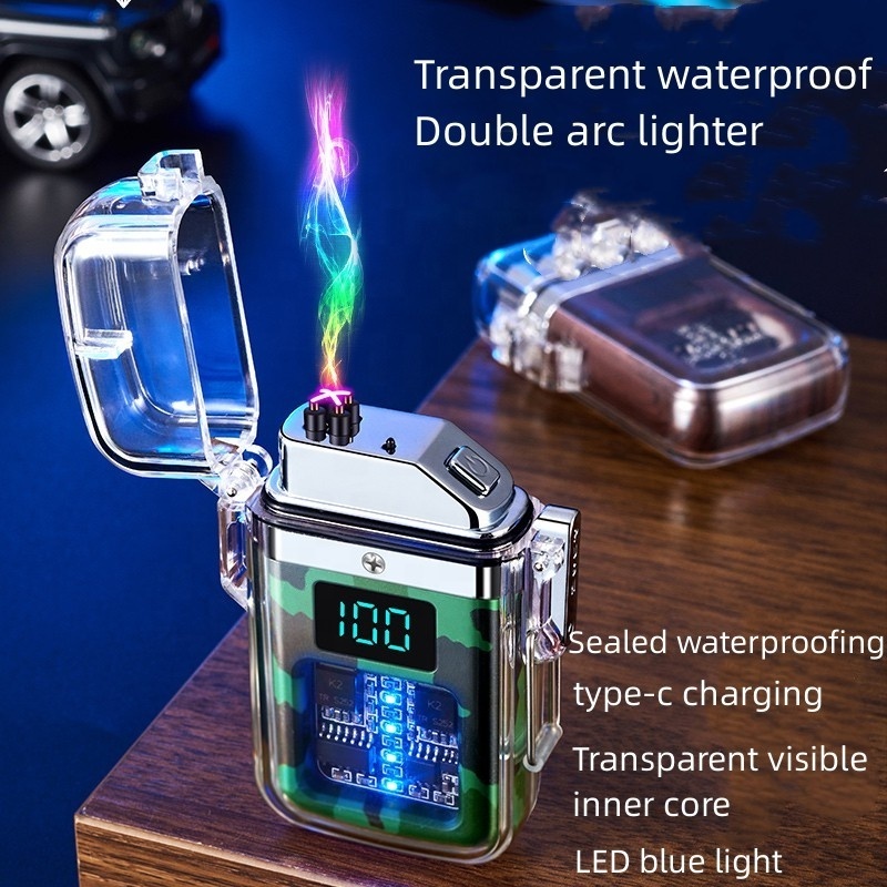 Transparent Shell Waterproof Windproof Electronic Pulse Lighter Digital Display Usb Type-C Charging Lighter For Cigarette