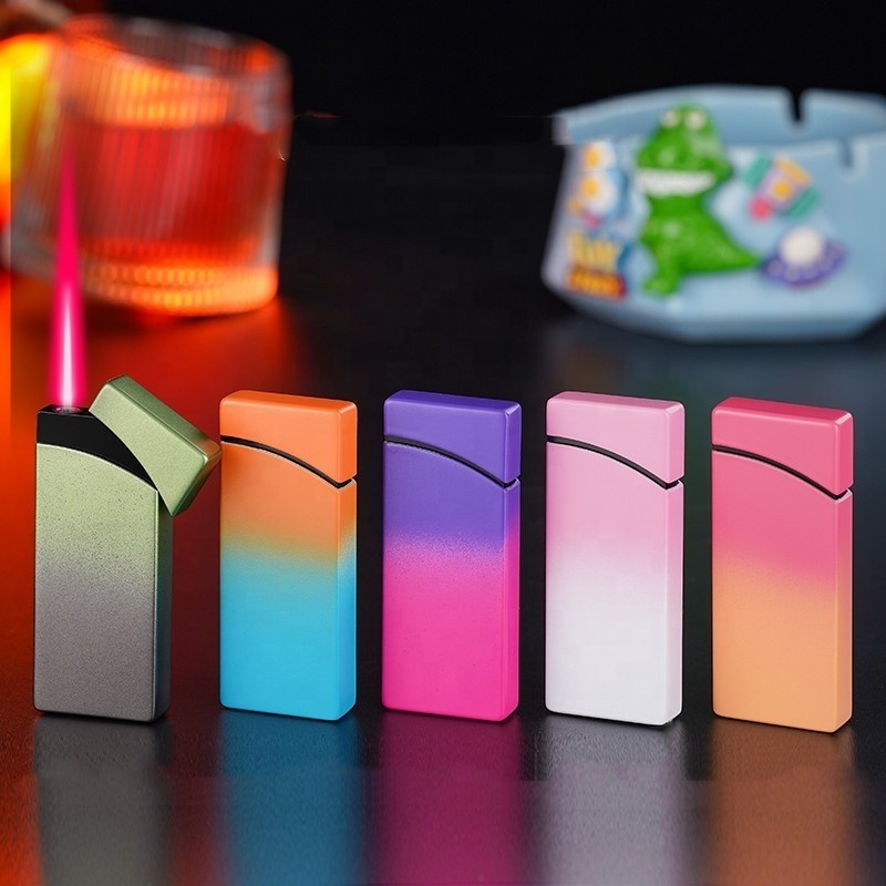 Personalized Windproof Red Flame Inflatable Lighter Thin And Small Plated Metal Body Can Print Advertising Lighter