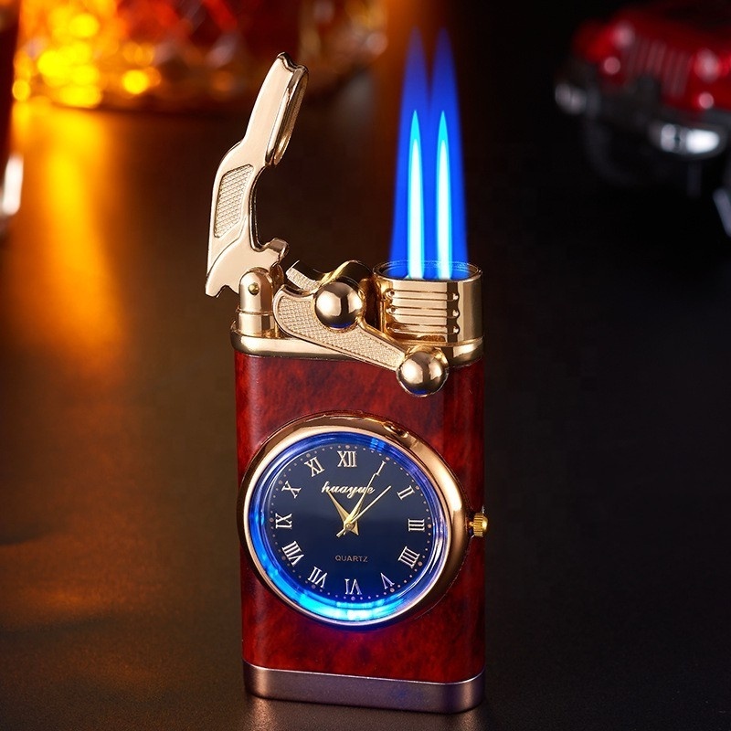 Wholesale Rocker Arm Double Fire Direct Jet Lighter With Fashion Dial Trend Personality Watch Inflatable Lighter