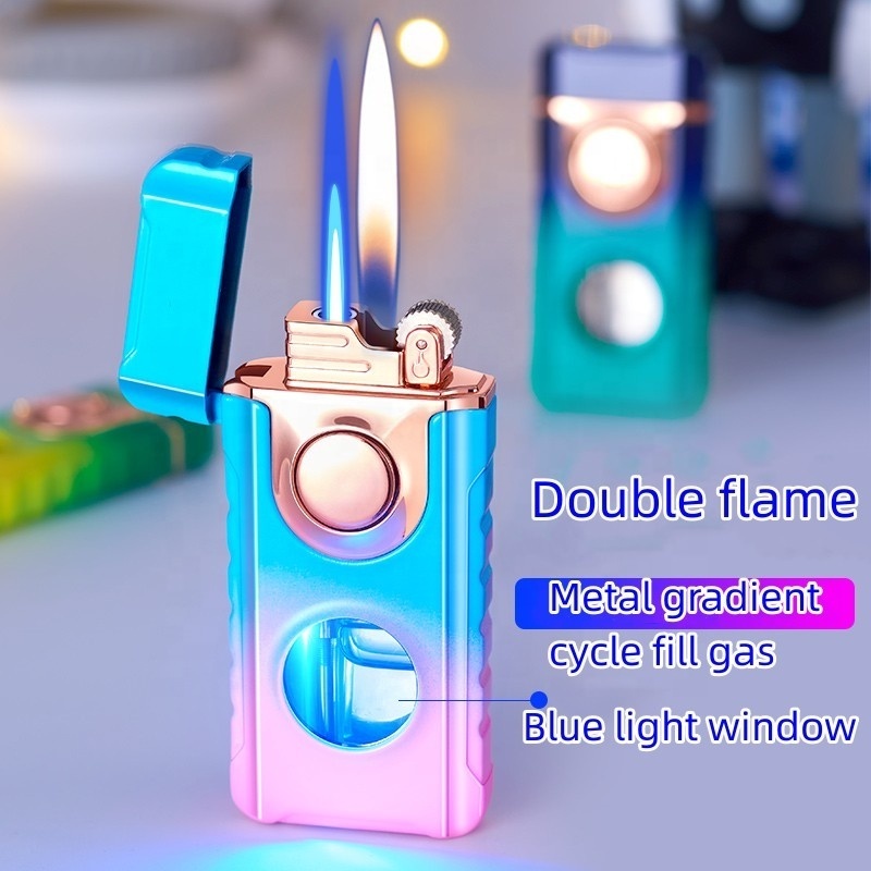 Creative Personality Double Fire Conversion Lighter Cool Blue Light Visible Air Bin Direct Flush Plus Open Fire Gas Lighter