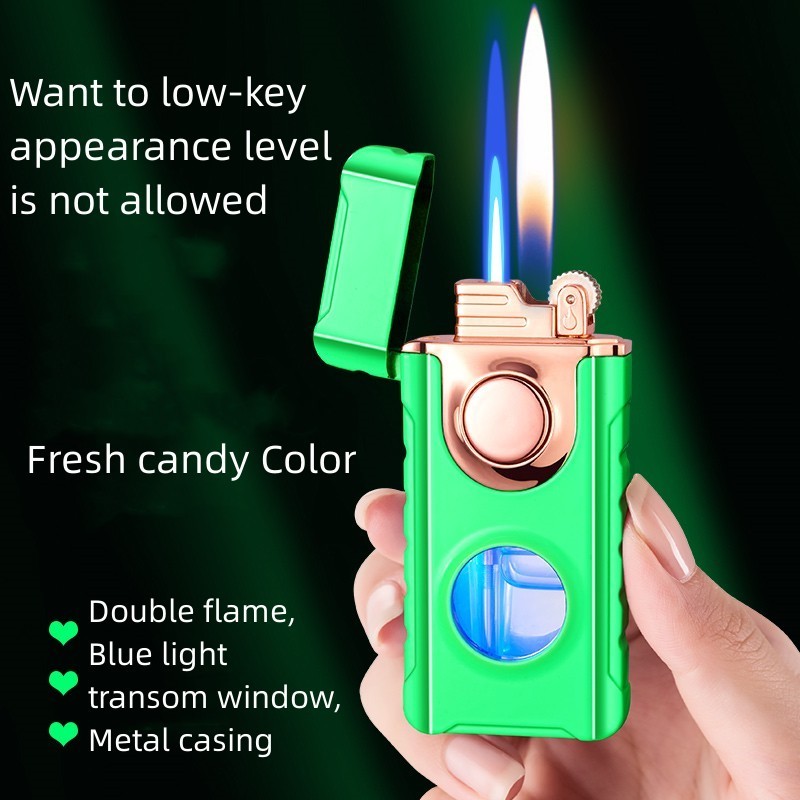 Creative Personality Double Fire Conversion Lighter Cool Blue Light Visible Air Bin Direct Flush Plus Open Fire Gas Lighter