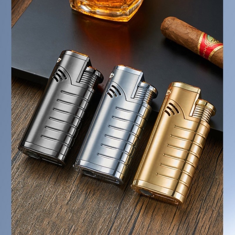 Wholesale New Three Straight Jet Flame Gas Lighter With Folding Metal Torch Lighter Cigar Lighter And Cutter