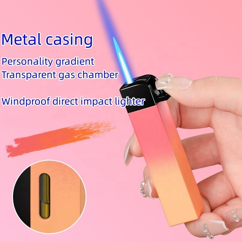 Personality Gradient Lighter Windproof Direct Impact Blue Flame Lighter Transparent Visible Air Compartment Mini Lighter