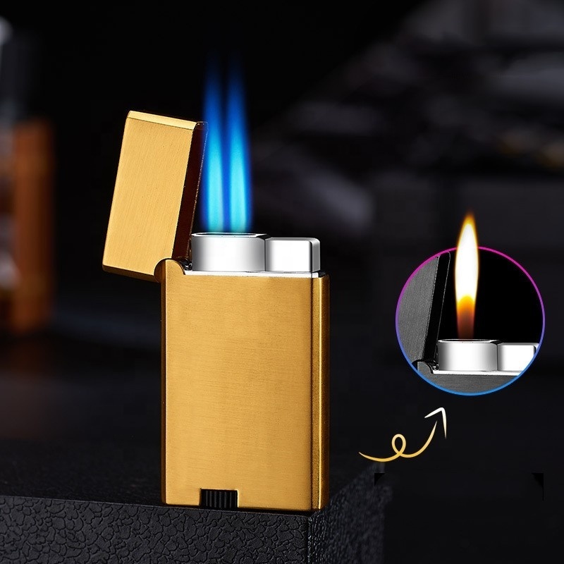 Custom Logo Butane Gas Cigarette Lighter Double Flame Lighter Open Jet Flame Windproof Lighter Personality Torch Cigar Lighter