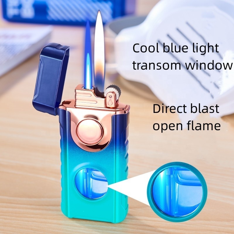 Creative Personality Double Fire Conversion Lighter Cool Blue Light Visible Air Bin Direct Flush Plus Open Fire Gas Lighter