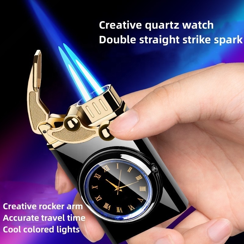 Wholesale Function Dual-Use Lighter With Quartz Watch Metal Lighter Double Fire Lighter Blue Flame Cigarette Lighter