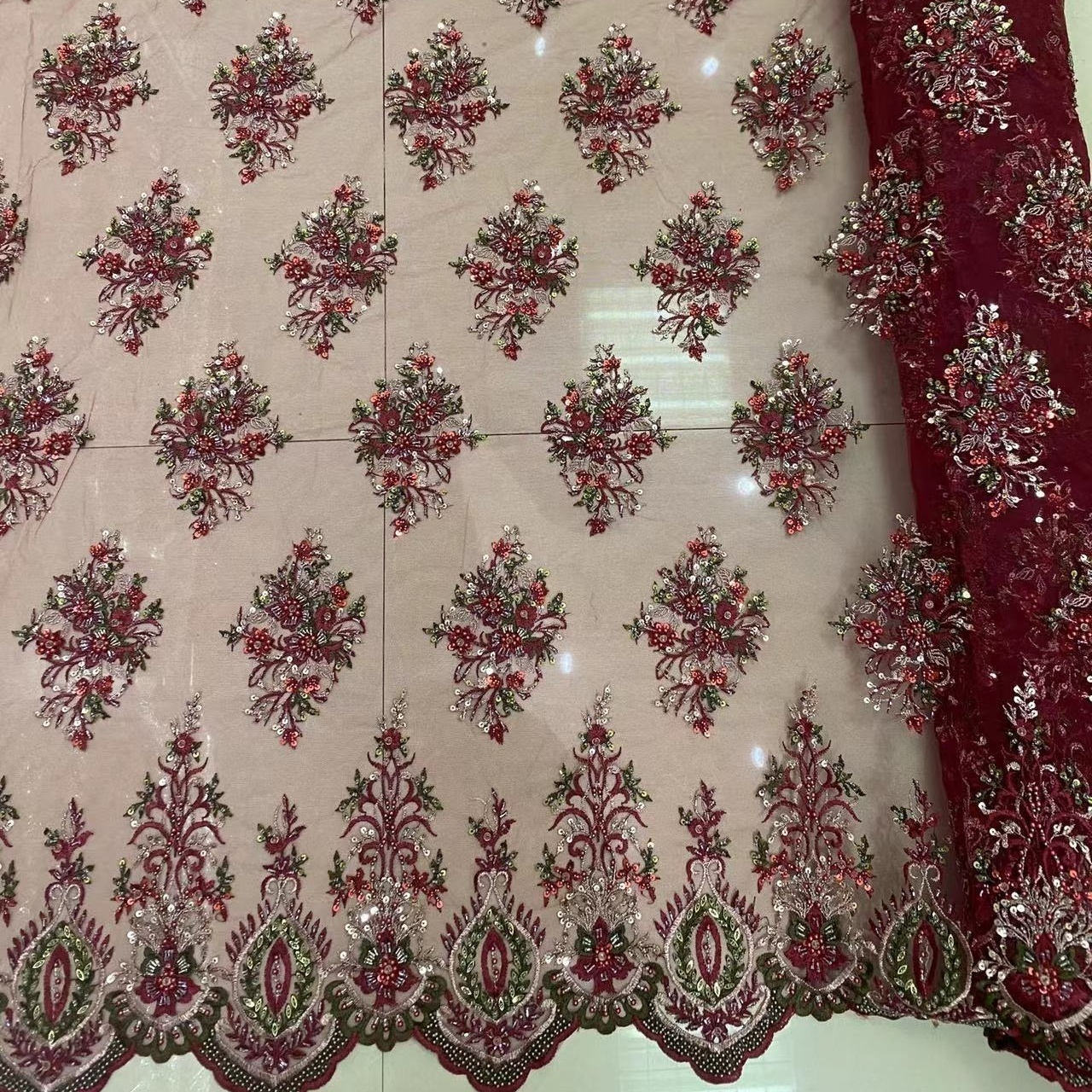 2022 Luxury african french tulle lace multi color handmade beaded bridal voile lace fabric for dress