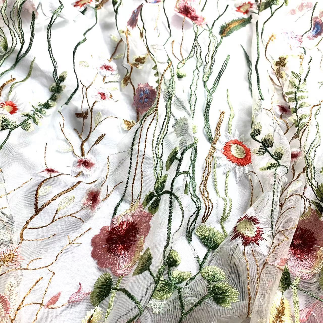 Ready goods tulle mesh embroidery flower fabric 100% polyester embroidery organza fabric for dress