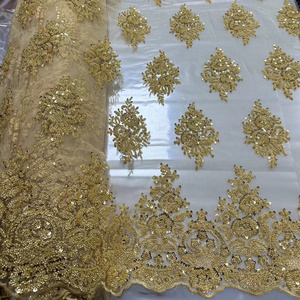 Luxury beaded lace fabric gold beaded and sequins embroidery fabric for dress