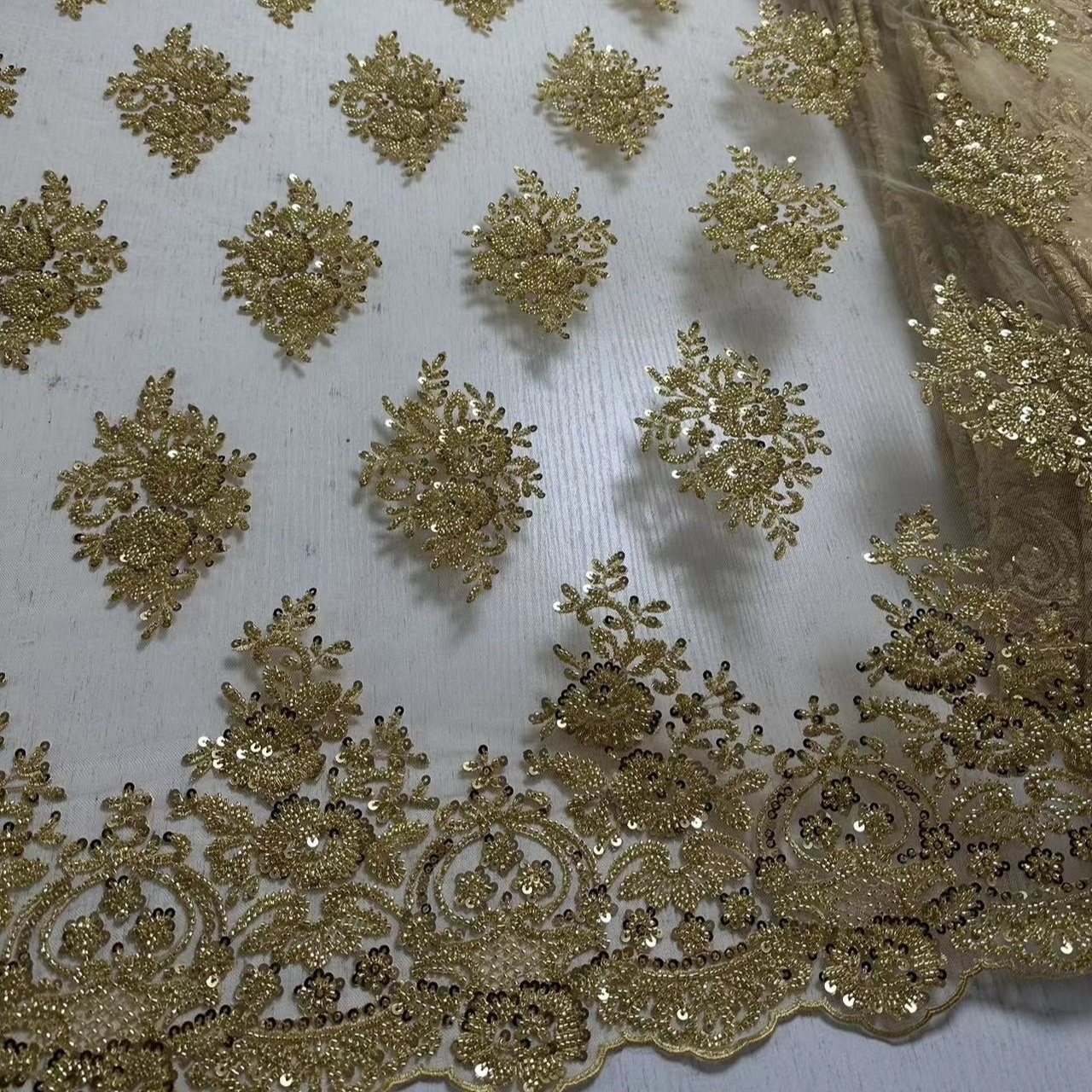 Luxury beaded lace fabric gold beaded and sequins embroidery fabric for dress