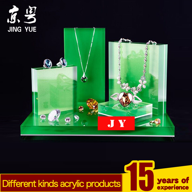 Store shop green pmma plexiglass acrylic centerpiece jewelry necklace earring display stand rack acrylic jewelry display counter