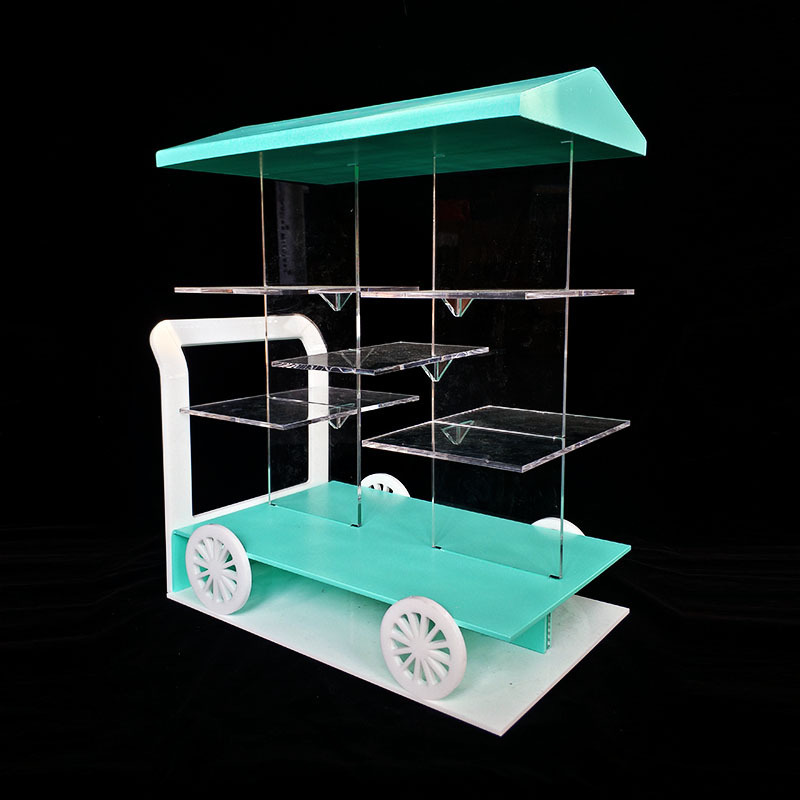 Store shop supermarket table desk pmma acrylic food trolley cart countertop display stand acrylic candy sweet cart with wheel