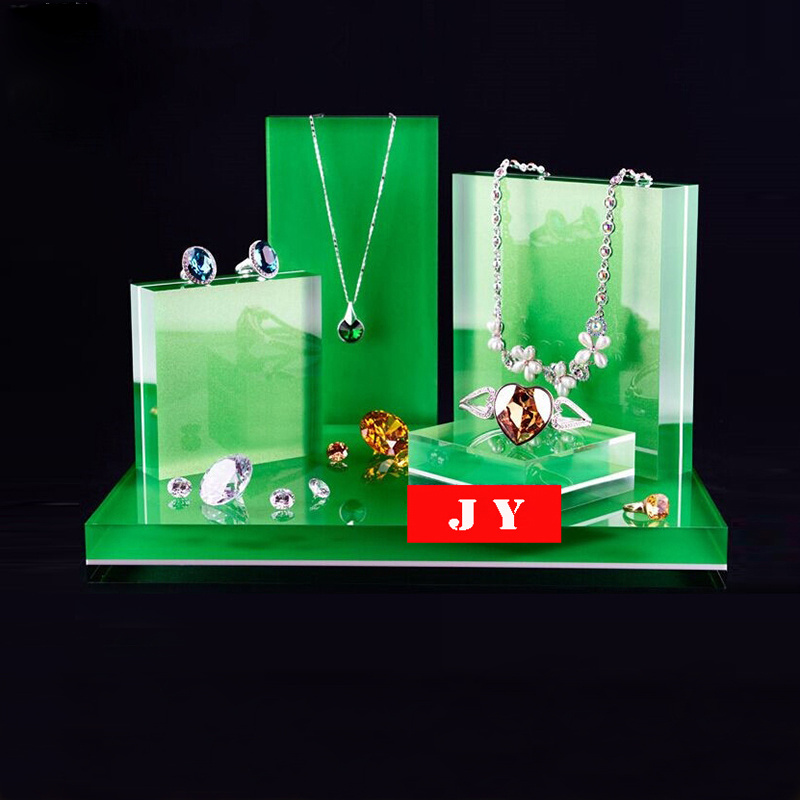 Store shop green pmma plexiglass acrylic centerpiece jewelry necklace earring display stand rack acrylic jewelry display counter