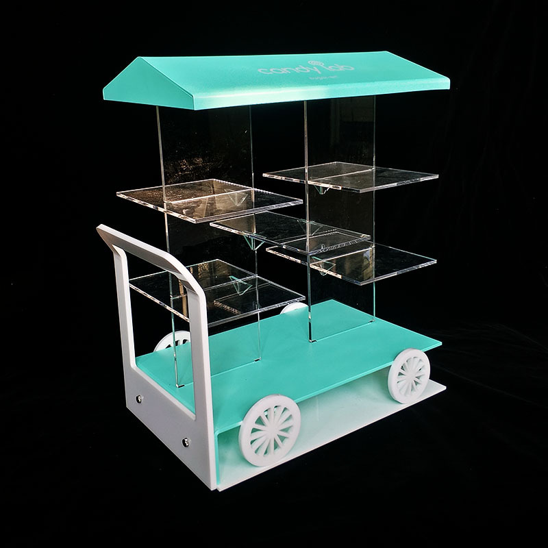 Store shop supermarket table desk pmma acrylic food trolley cart countertop display stand acrylic candy sweet cart with wheel