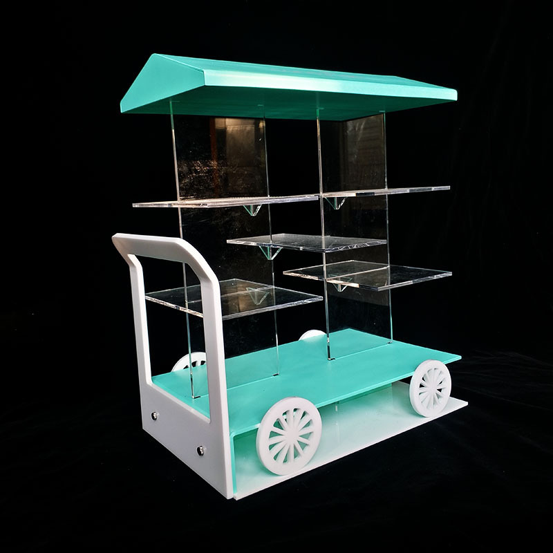 Store shop supermarket table desk pmma acrylic food trolley cart countertop display stand acrylic candy sweet cart with wheel