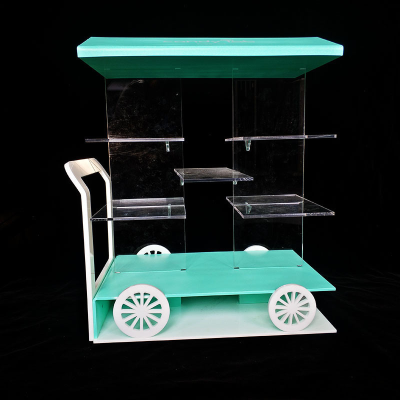 Store shop supermarket table desk pmma acrylic food trolley cart countertop display stand acrylic candy sweet cart with wheel