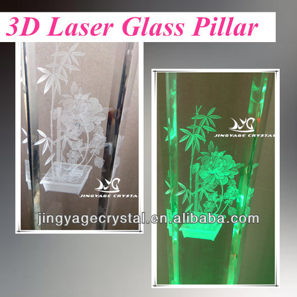 JINGYAGE 3D Laser Peony and Bamboo Crystal Glass Pillar For Interior Decoration