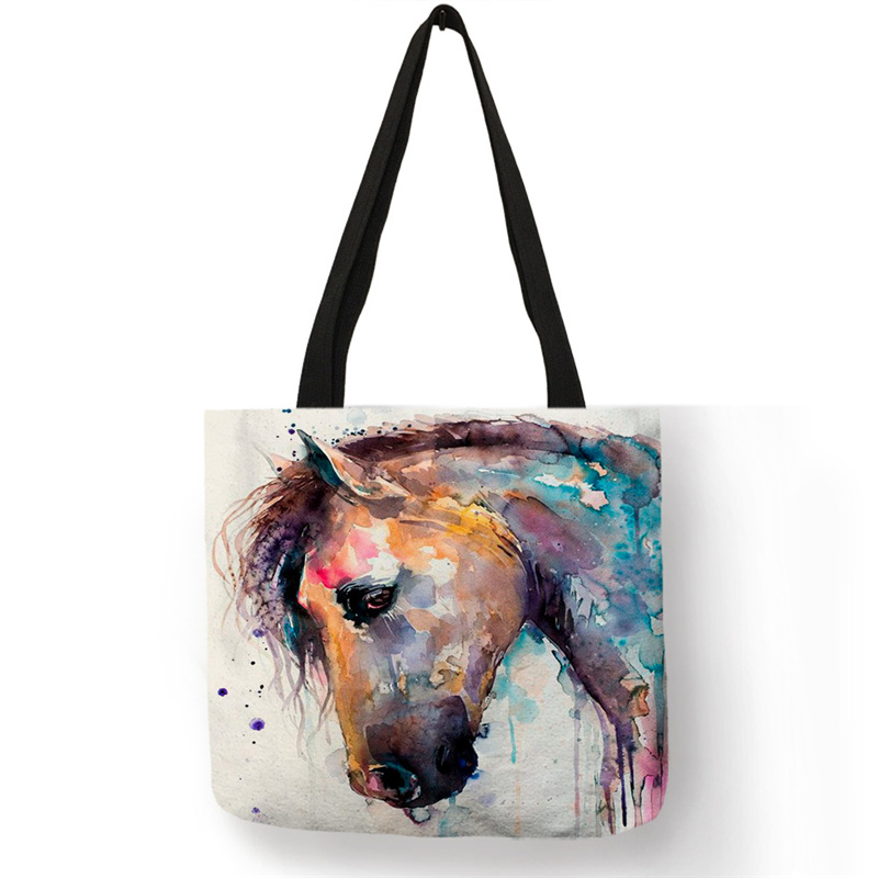 Cartoon Design Hand Bag Cute Animal horse Printing juteTote Bag Eco Linen Fabric Reusable Casual linen tote bag