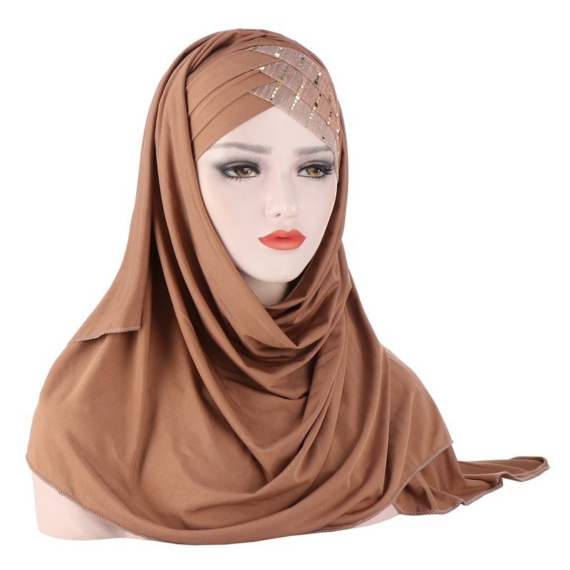 Forehead Cross Hair Wrap Scarf Solid Color Glitter Sequins Jersey Hijabs Muslim Headband Women Turban Hair Cap Headscarf