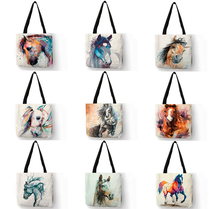 Cartoon Design Hand Bag Cute Animal horse Printing juteTote Bag Eco Linen Fabric Reusable Casual linen tote bag