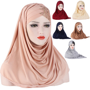 Forehead Cross Hair Wrap Scarf Solid Color Glitter Sequins Jersey Hijabs Muslim Headband Women Turban Hair Cap Headscarf