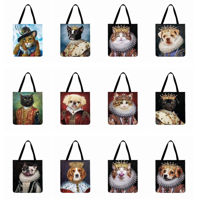 Pet Dog Printed Shoulder Shopping Tote Bag Cute Large linen canvas Female Ladies Handbags For Women pet carrier bag