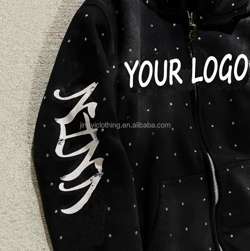 High quality custom digital printing logo zip up vintage wash all over print rhinestone hoodie and jogger set unisex sweatsuit