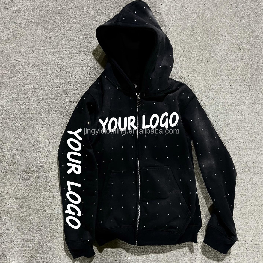 High quality custom digital printing logo zip up vintage wash all over print rhinestone hoodie and jogger set unisex sweatsuit