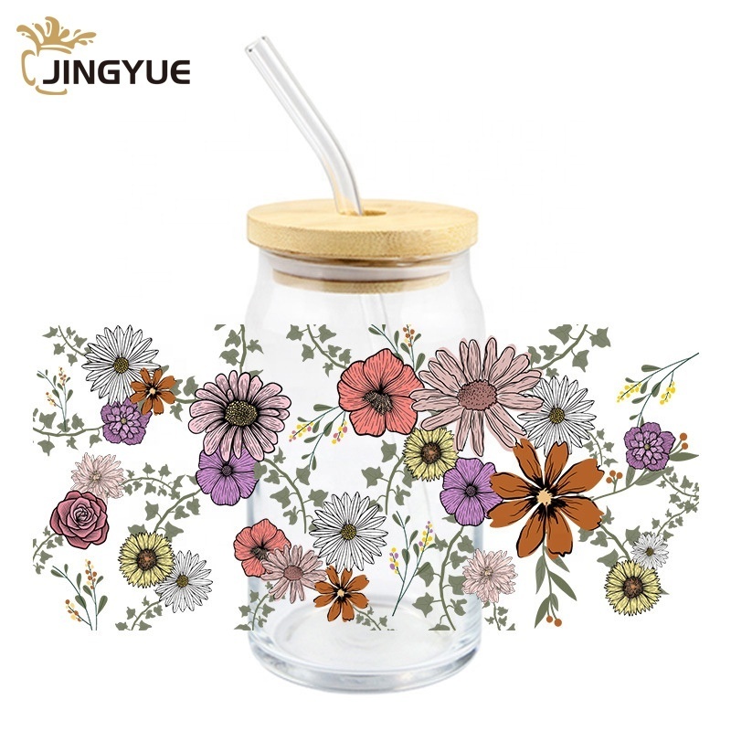 Kitchen Tabletop 16oz 480ml Custom UV Printing Glassware Milk Juice Beer Can Glass With Bamboo Lid and Straw for Party Holiday