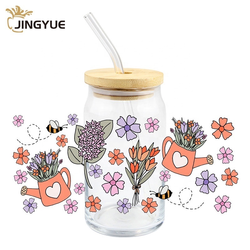 Kitchen Tabletop 16oz 480ml Custom UV Printing Glassware Milk Juice Beer Can Glass With Bamboo Lid and Straw for Party Holiday