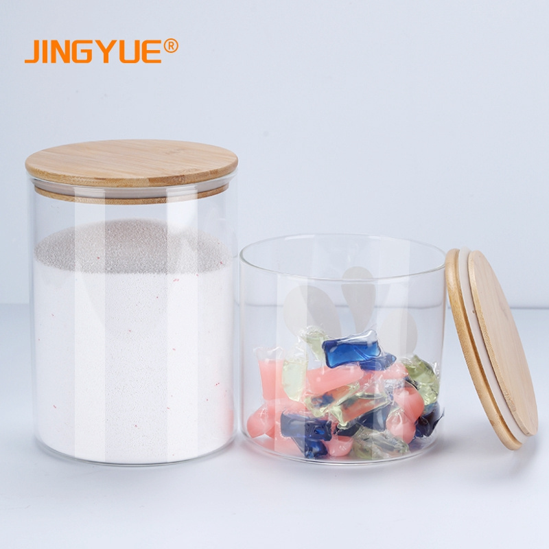 JINGYUE Custom Home Decor 700ml 1L 1.5L 2.3L Clear Tall Glass Storage Container Jars with Bamboo Lid For Kitchen Laundry room