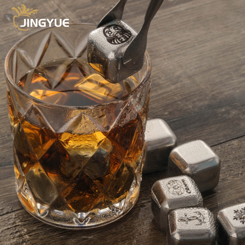 Metal Ice Cubes Custom Logo 8 Pack 304 Stainless Steel Whiskey Chilling Stones Set with Tong for Drinks