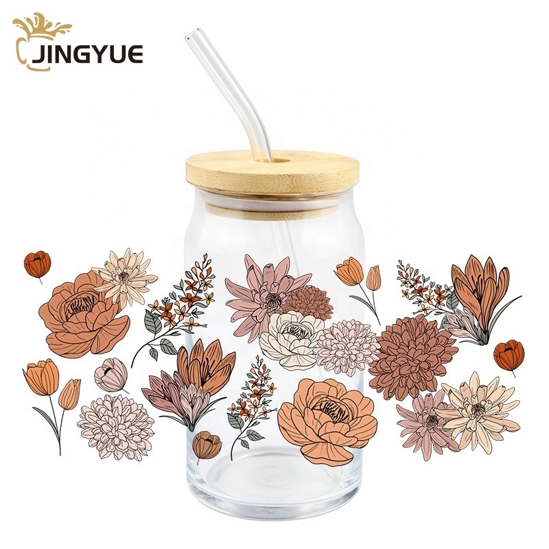 Kitchen Tabletop 16oz 480ml Custom UV Printing Glassware Milk Juice Beer Can Glass With Bamboo Lid and Straw for Party Holiday