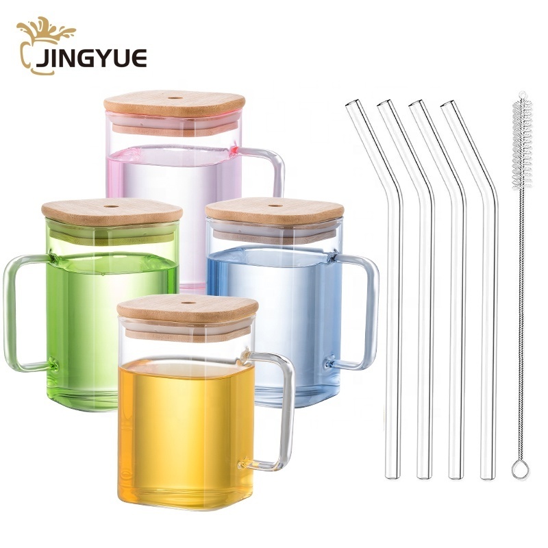 Can Shaped Drinking Glass Cups 20 Oz Colored Square Glass Mugs with Bamboo Lid Straw and Handle for Juice Water Iced Coffee