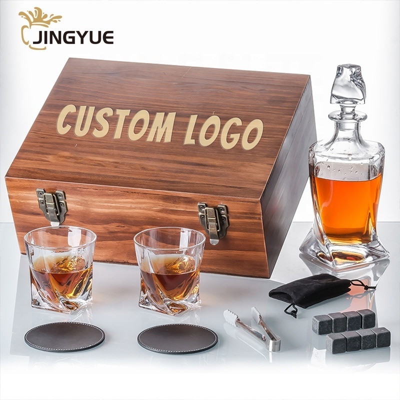 Custom Logo Whisky Chilling Stones Gift Set 26oz Cocktail Whiskey Liquor Decanter and Old Fashion Glasses in Wooden Gift Box