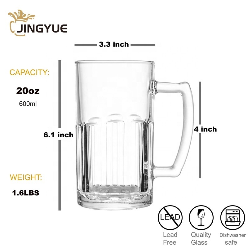 Wholesale 20 Ounces Durable Clear Beer Drinking Pint Glass Heavy Duty Thick Glass Beer Stein With Handle for Bar