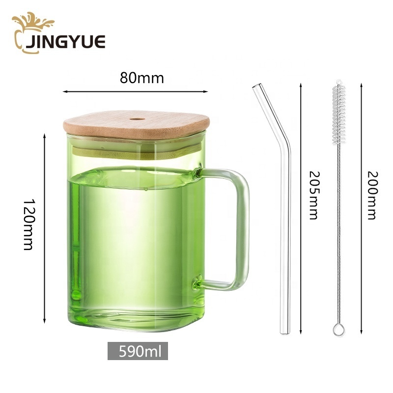 Can Shaped Drinking Glass Cups 20 Oz Colored Square Glass Mugs with Bamboo Lid Straw and Handle for Juice Water Iced Coffee